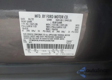 2022 Ford Explorer Timberline из США, поврежденный, VIN 1FMSK8JH6NGA98709